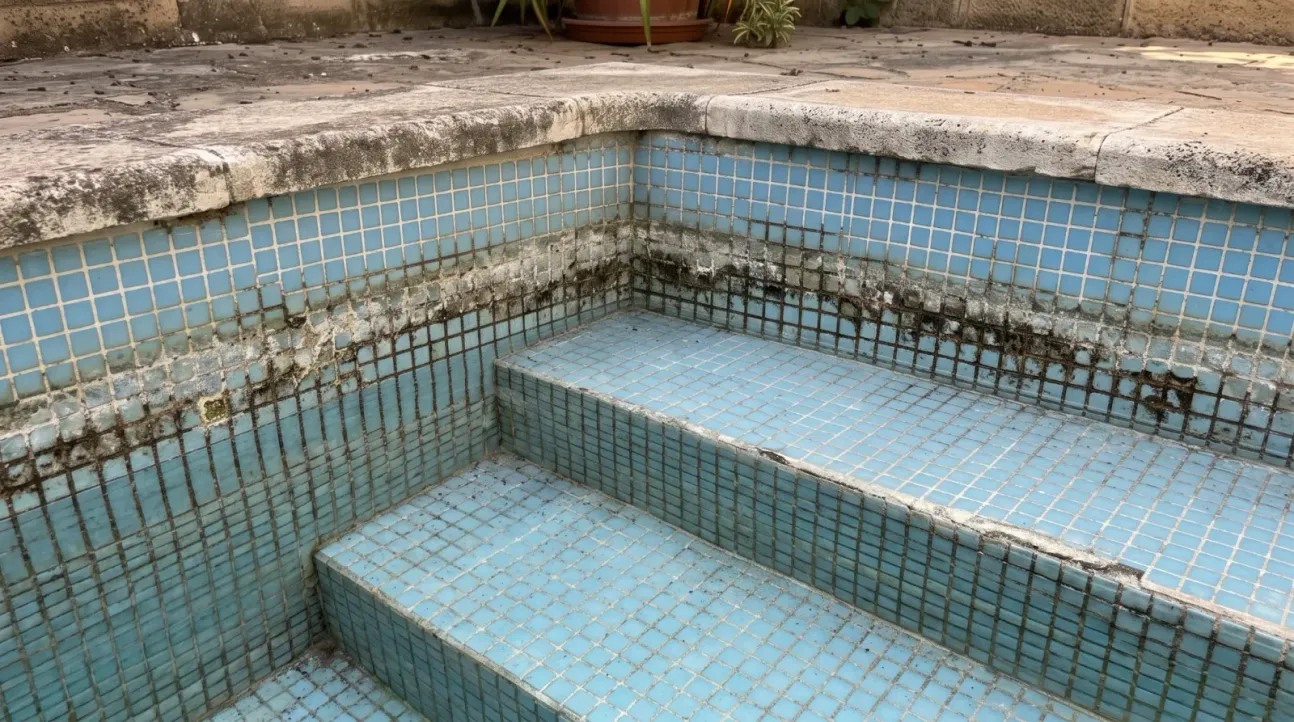 Escalones de gresite de una piscina con la suciedad incrustada y las juntas ennegrecidas, antes de la limpieza