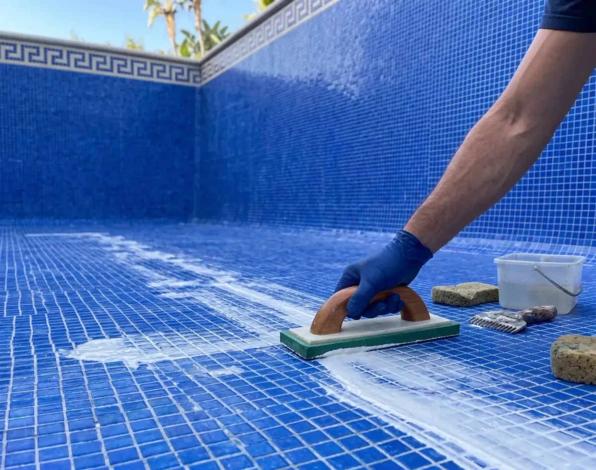 Aplicando la lechada nueva con la llana sobre el gresite azul de una piscina vacía